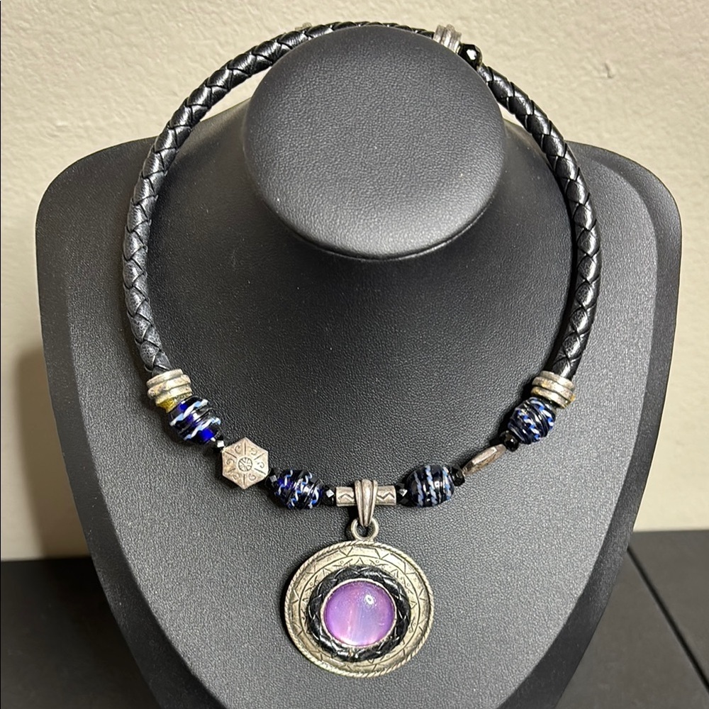 CHICO'S Wire Wrap Dangle Purple Pendant Black Leather Rope Choker Necklace